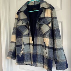 JCPenney Vintage 70s wool Sherpa Shacket men’s blue plaid